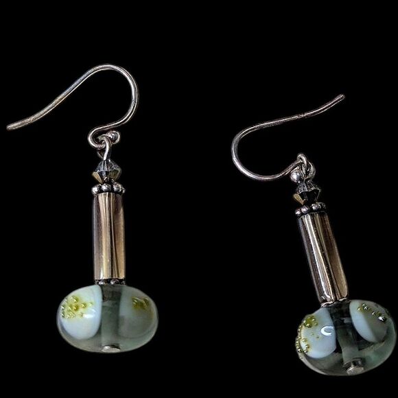 Elegant Grey and Green Glass Bead Handcrafted Dangle Earrings - Picture 2 of 8